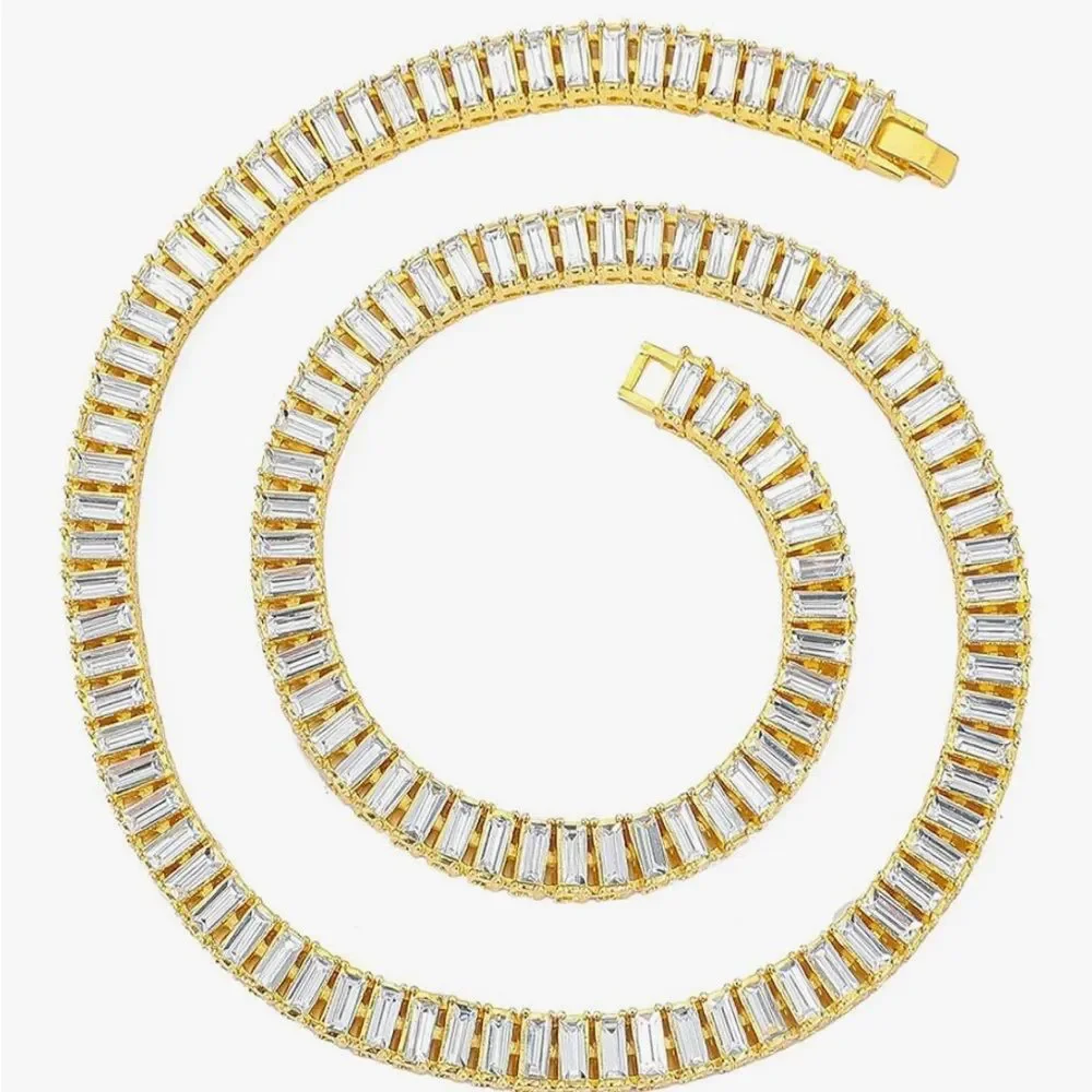 14K Gold Baguette Tennis Chain Necklace Iced Out HipHop Simulated Lab Diamond